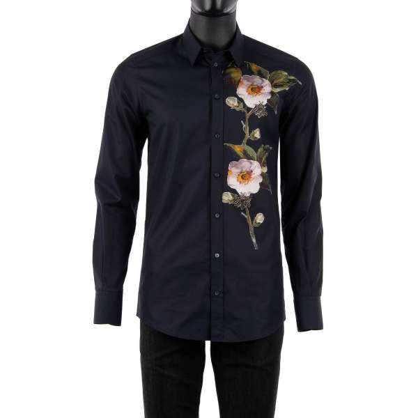 Shirt with short collar and hand embroidered silk flowers and crystals bees by DOLCE & GABBANA - GOLD Line