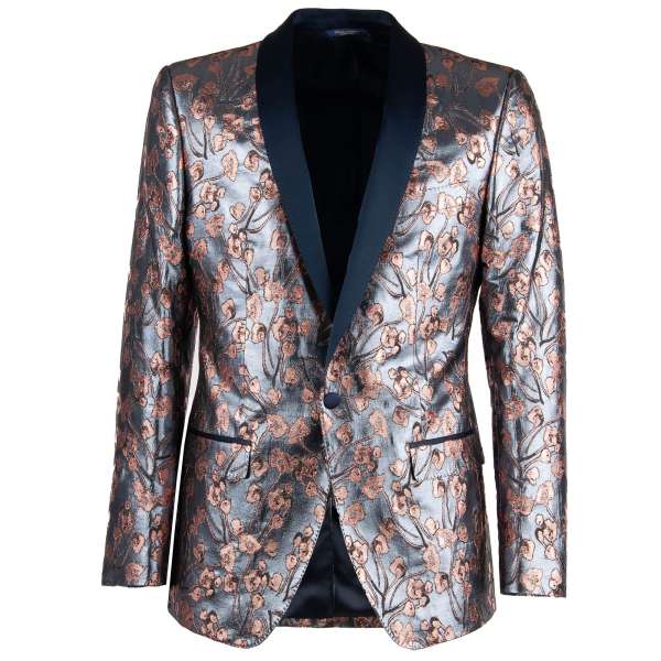 Floral shiny lurex tuxedo / blazer MARTINI in light blue and pink with a contrast silk blue shawl lapel by DOLCE & GABBANA