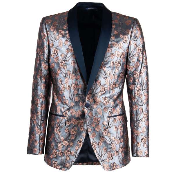 Glänzender Tuxedo Blazer MARTINI in Blau und Pink mit floralem Muster und blauem Kontrast Schal-Revers aus Seide von DOLCE & GABBANA