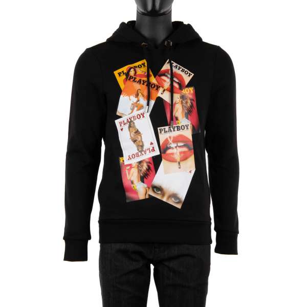 Hoody with a print of various PLAYBOY magazine covers of at the front and Playboy Skull Logo and PLEIN lettering printed at the back by PHILIPP PLEIN x PLAYBOY