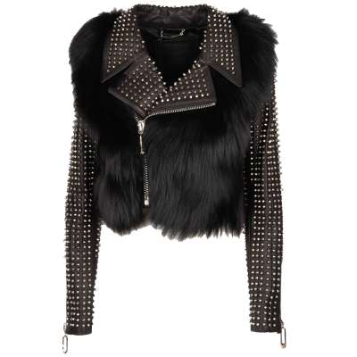 COUTURE Jacke aus Fuchs Pelz und Nappa Leder mit Nieten MONDAY Schwarz
