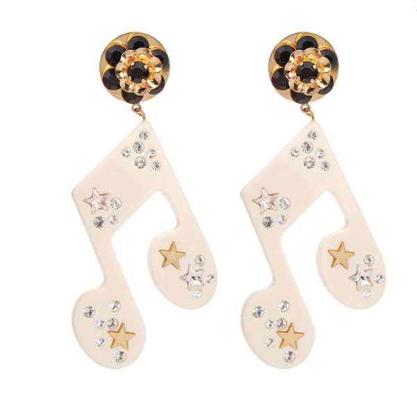  "Stelle" Music Note Clip Earrings with Crystals and Star in Gold, White and Black by DOLCE & GABBANA