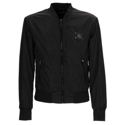 Nylon Bomber Jacket with Zip Pockets and Logo Plate Black