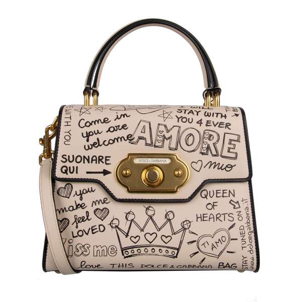 Mural Graffiti Printed leather Tote / Shoulder Bag WELCOME Medium with double handle and letterings "Amore", "Queen of Hearts", "D&G Love Club", "Kiss me", "DG Family" and others by DOLCE & GABBANA