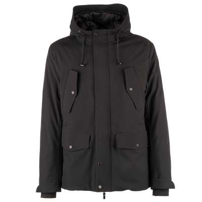 Classic Hooded Parka Jacket with Pockets and Logo Black 52 L