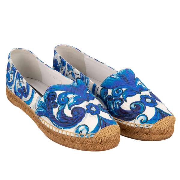 Light Espadrilles made of jacquard with Majolica print in blue and white by DOLCE & GABBANA