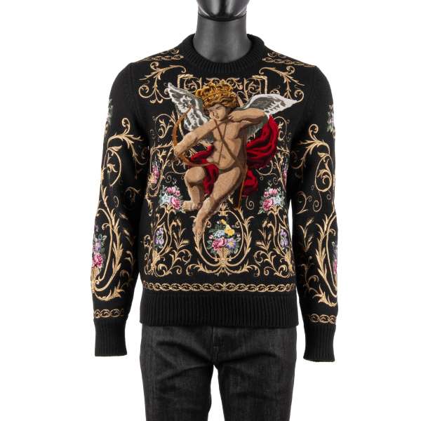 Exceptional and rare baroque style sweater / sweatshirt with velvet Angel and hand embroidered flowers by DOLCE & GABBANA