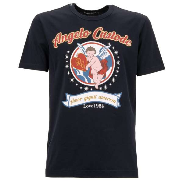 Cotton T-Shirt with Angelo Custode / Guardian Angel, DG Heart Logo Print in blue and red by DOLCE & GABBANA