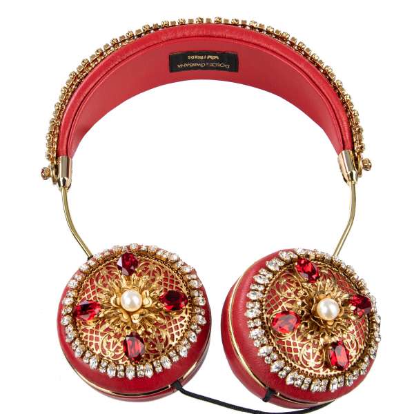 Exclusive and rare nappa leather Frends headphones with cable, embellished with crystals and pearls metal crown in red by Dolce & Gabbana Black Line