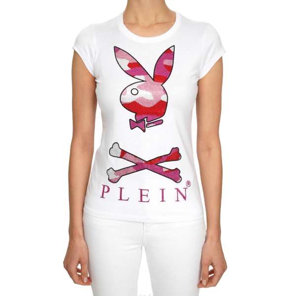 T-Shirt für Damen mit Playboy Plein Bunny Logo und PLEIN Schriftzug aus Strass vorne und PLAYBOY X PLEIN Schriftzug hinten von PHILIPP PLEIN X PLAYBOY