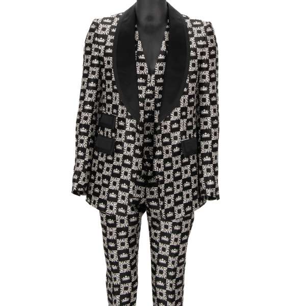 Silk 3 piece suit, jacket, waistcoat, pants with DG Logo Crown print and shawl lapel in white and black by DOLCE & GABBANA 