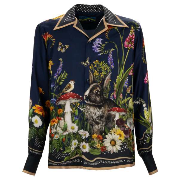 Silk shirt with flower garden rabbit print in blue by DOLCE & GABBANA