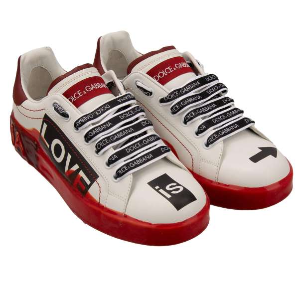 Lace Sneaker PORTOFINO with DG logo and LOVE IS LOVE print in white and red by DOLCE & GABBANA