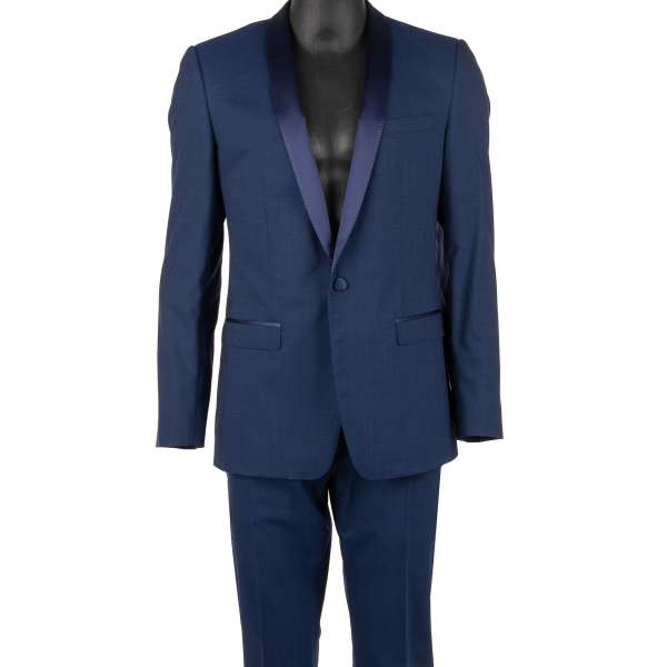 Virgin wool suit with silk shawl lapel in blue by DOLCE & GABBANA 