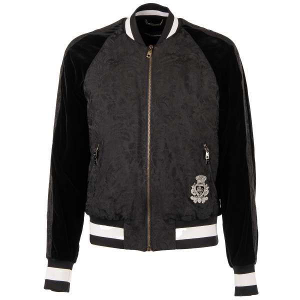 Varsity jacket made of velvet and brocade with embroidered crown and DG Logo, knit details and front pockets by DOLCE & GABBANA
