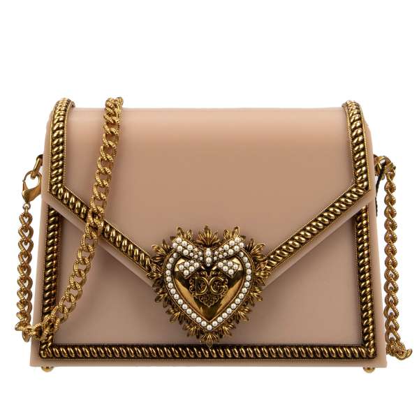 Plexiglas Crossbody Bag / Cluch Bag DEVOTION BOX embellished with chains and jeweled heart with DG Logo including structured metal chain strap by DOLCE & GABBANA