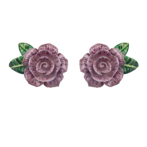 Clip Earrings adorned with hand-painted roses in purple and gold by DOLCE & GABBANA