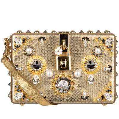 Unique Jeweled Studded Snakeskin Clutch Bag DOLCE BOX Gold