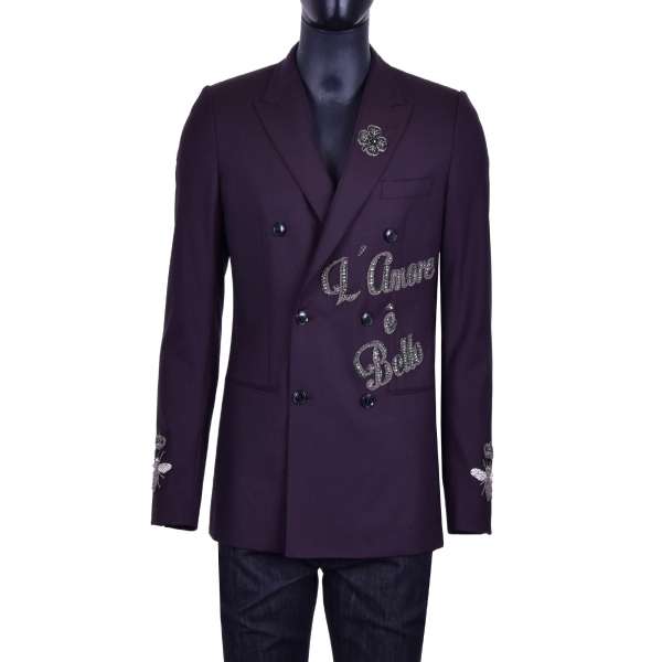 Double-Breasted hand-embroidered virgin wool blazer with embroidered bees and inscription "L'AMORE BELLO" by DOLCE & GABBANA Black Label