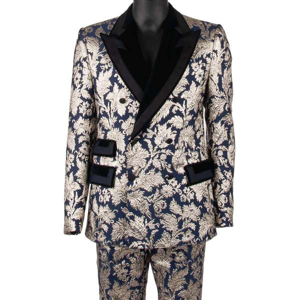 Flowers pattern jacquard double-breasted suit with peak lapel in blue and silver by DOLCE & GABBANA 