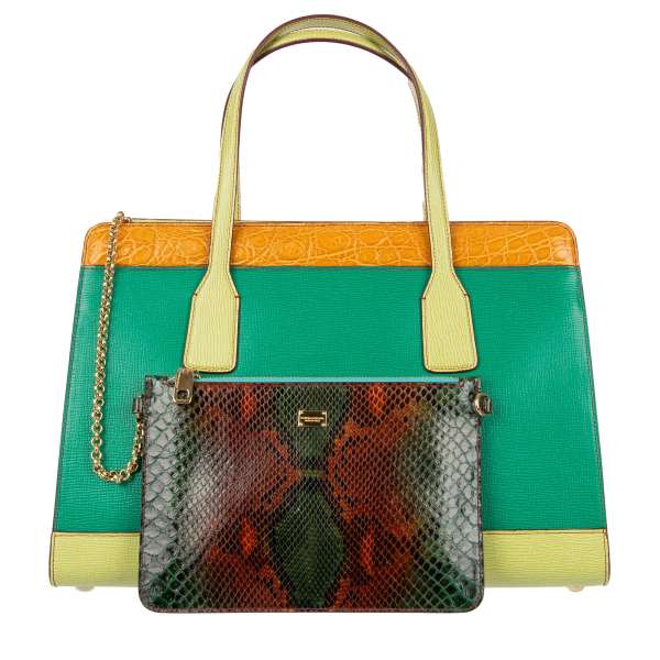 Large Tote / Shopper Bag LAST MINUTE made of snake, caiman and lizard textured calf leather with separate pouch, double handle and Logo plate by DOLCE & GABBANA