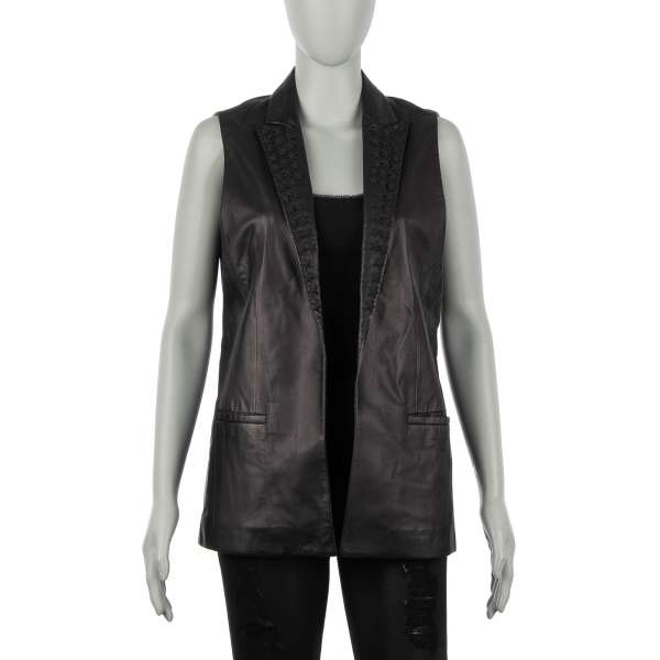 Stars embellished long leather Vest Jacket HOMMAGE A ELVIS in black by PHILIPP PLEIN COUTURE