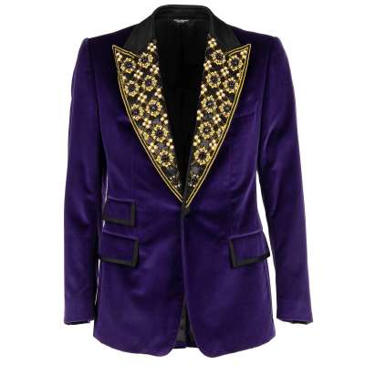 Velvet Tuxedo Blazer with Crystals, Pearls and Sequins Purple Black