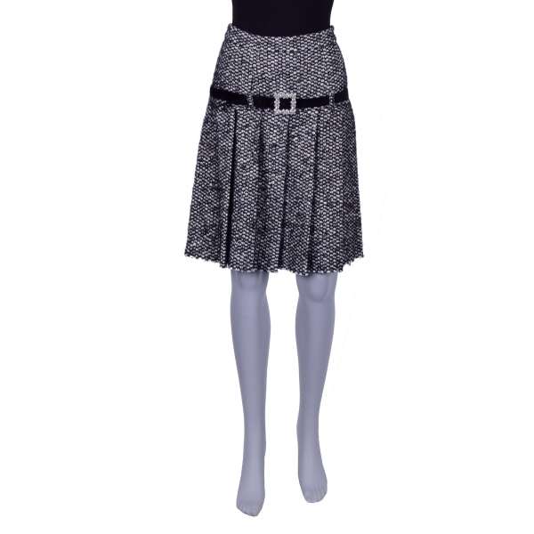 Pleated knitted wool blend skirt with velvet belt and crystals buckle by DOLCE & GABBANA Black Label