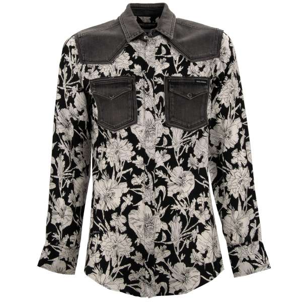 Jeans / Denim shirt with flower pattern, DG logo patch and two front pockets by DOLCE & GABBANA - GOLD Line