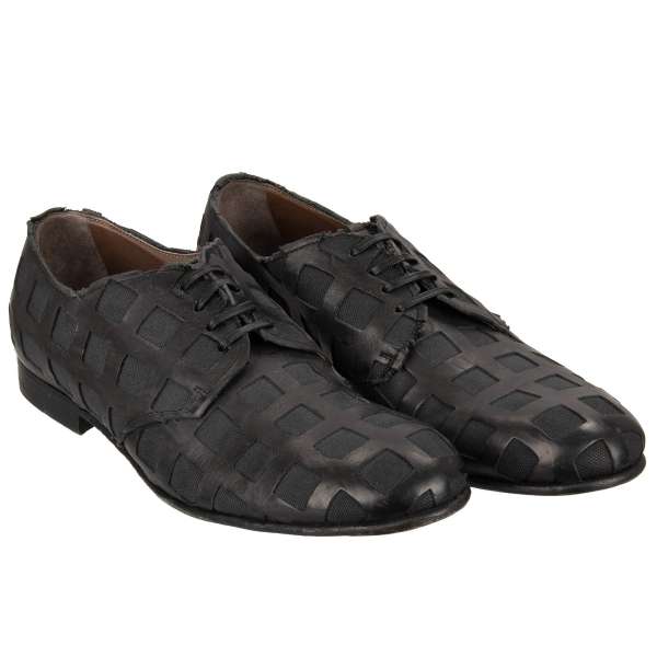 Derby leather shoes with decorative net structure in black by DOLCE & GABBANA