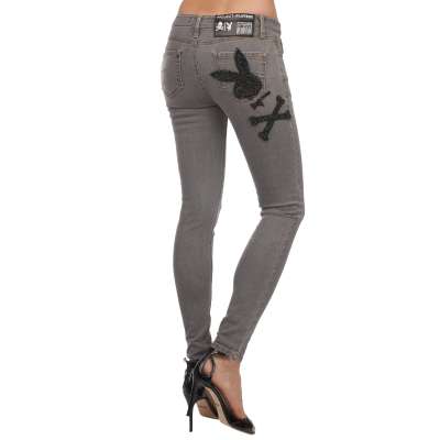 Kristall Playboy Bunny Hase Slim Fit Jeans Grau Schwarz