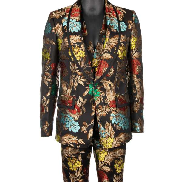 Flower Jacquard 3 piece suit with shawl lapel in beige, blue, red, yellow, green and black by DOLCE & GABBANA 