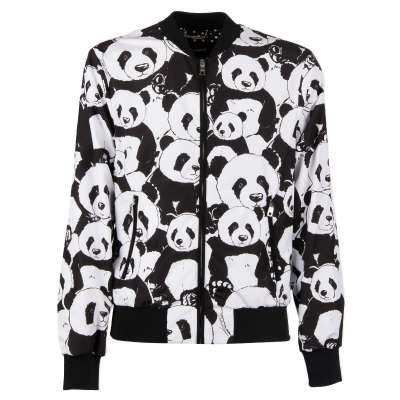 Panda Printed Bomber Jacket with Logo Black White