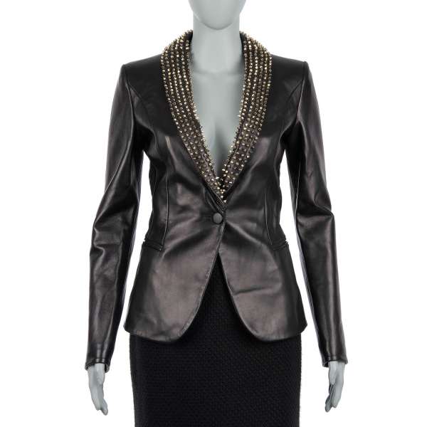 BEAUTIFUL MONSTER Leather Jacket / Blazer with studded collar in gold and black by PHILIPP PLEIN COUTURE