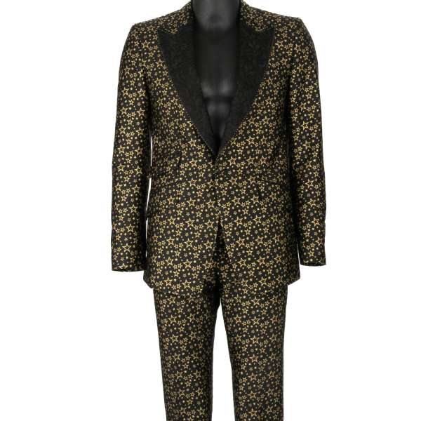 Star pattern Jacquard 3 piece suit with peak lapel in black and gold by DOLCE & GABBANA 