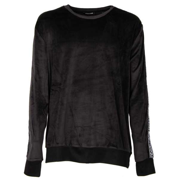 Soft Velvet Sweatshirt / Sweater with logo stripes on sleeves and logo plate in black by ROBERTO CAVALLI Sport