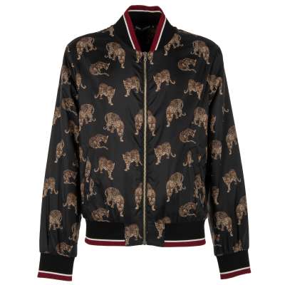 Leopards Printed Bomber Jacket with Pockets Black Brown