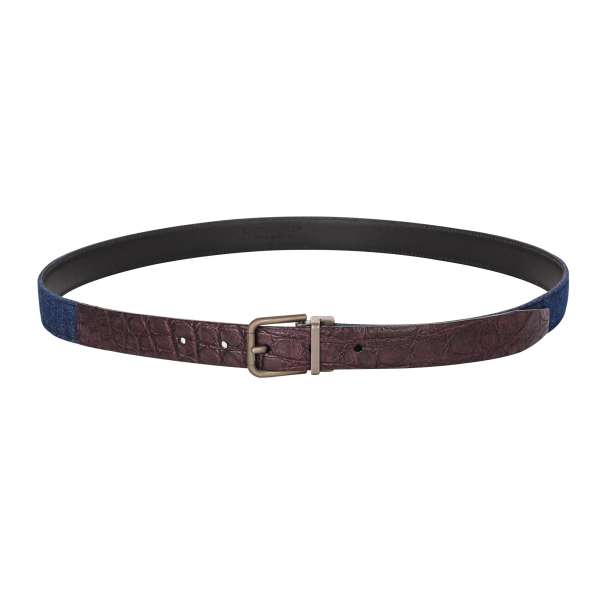 Crocodile Leather and jeans fabric belt with metal buckle in blue and bordeaux by DOLCE & GABBANA