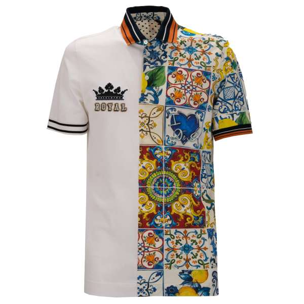 Cotton Polo Shirt with embroidered crown patch and majolica print in blue, yellow and white by DOLCE & GABBANA