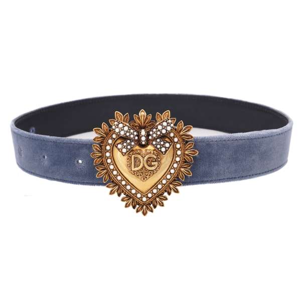 DEVOTION leather and velvet Belt embellished with Pearl Metal Heart in red and gold by DOLCE & GABBANA 