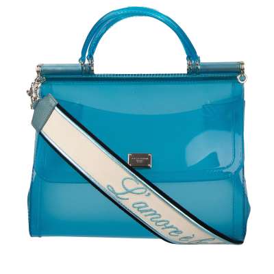 PVC Tote Shoulder Bag SICILY with Embroidered Strap and Logo Azure Blue