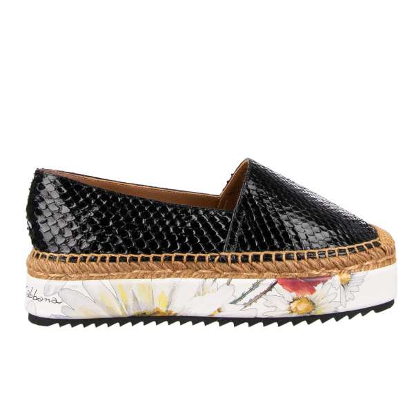 Snake leather Espadrilles with floral printed plateau by DOLCE & GABBANA