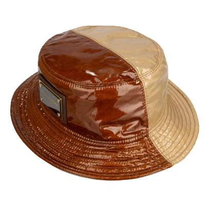 DG Metal Logo Plate Coated Silk Bucket Fisherman Hat Brown