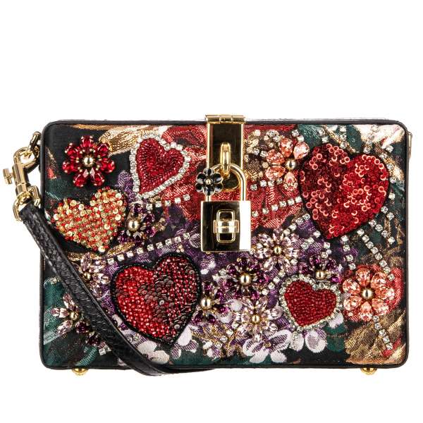 Floral jacquard and snakeskin clutch / shoulder bag DOLCE BOX with sequins, hearts and crystals and decorative padlock with enamel flower by DOLCE & GABBANA