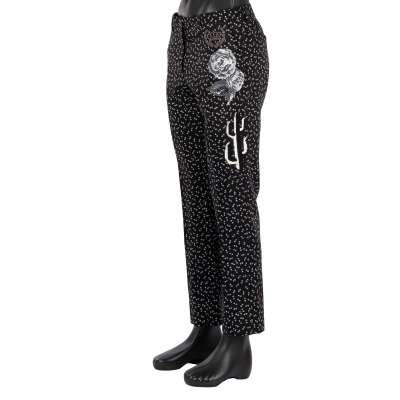 Virgin Wool Trousers with Flowers, Crown and Bee Embroidery Black
