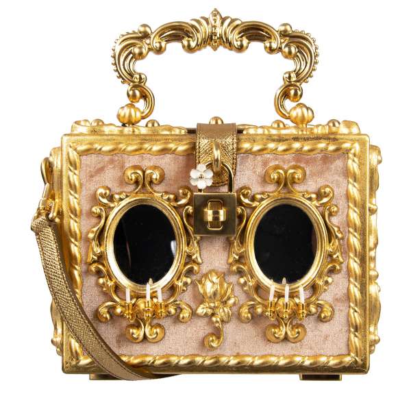 Baroque style inspired, Top Handle Clutch Bag DOLCE BOX crafted from wood in gold leafs, with two mirrors and candles in the front framed by floral motifs by DOLCE & GABBANA Black Label