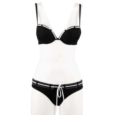 Triangle Bikini with Logomania Print and Laces Black White S