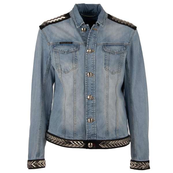 Denim jacket USED with leather and metal applications, engraved metal buttons and large logo letters at the back by PHILIPP PLEIN
