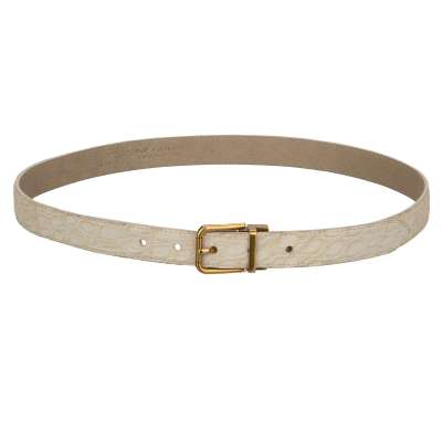 Gold Metal Buckle Croco Leather Belt White 85 34