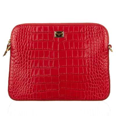 Leder Clutch Tasche Schultertasche CLEO mit Krokodilleder Textur Rot